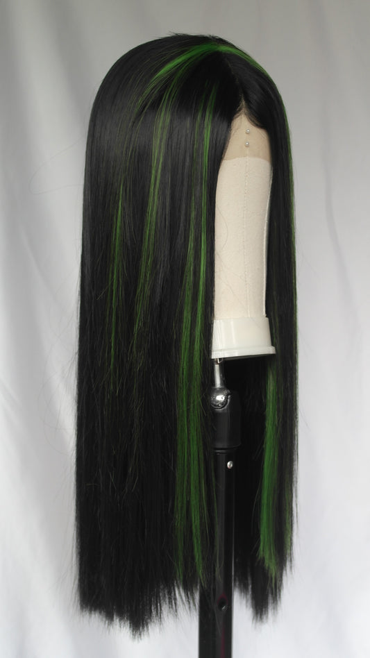 Lime Green Streaked Black Lace Front Wig
