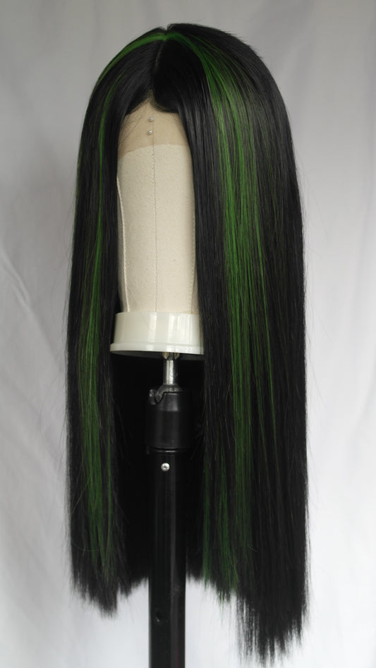 Lime Green Streaked Black Lace Front Wig