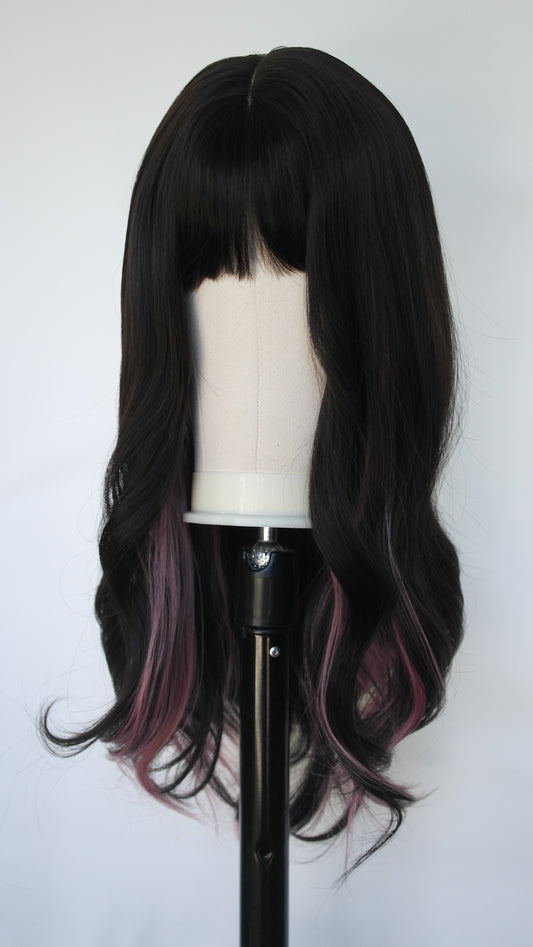 Dark Brown Pink Streaked Wig